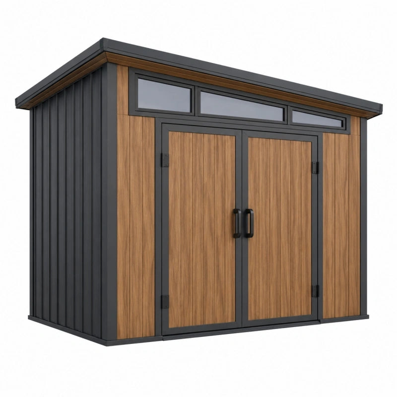 Abri de jardin 200 x 100 x 210 cm en acier noir et bois brun avec portes doubles
