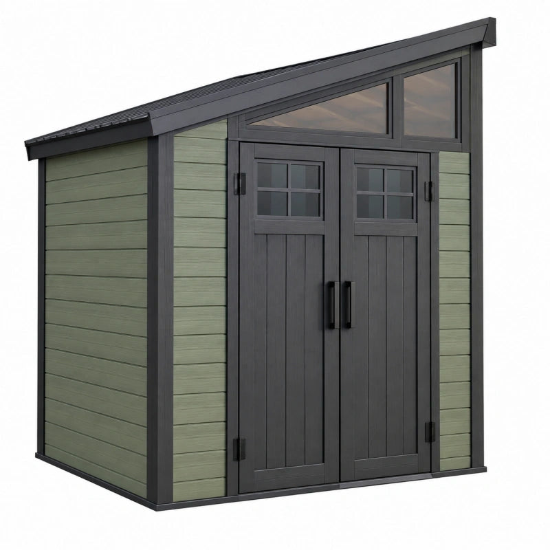 Abri de jardin 200 x 120 x 200 cm en résine vert sauge et anthracite à double porte