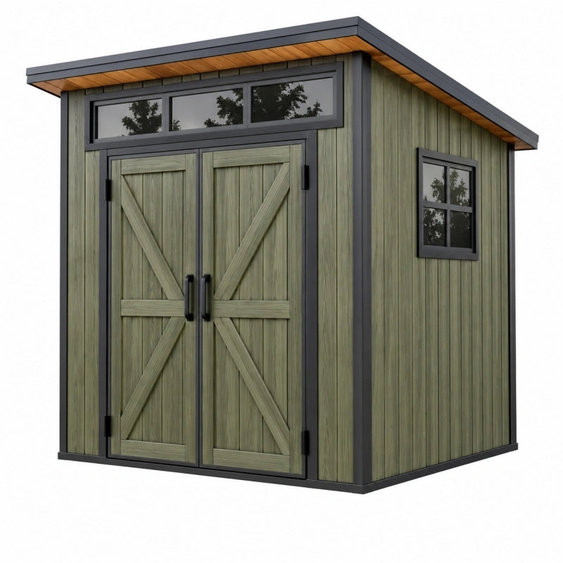 Abri de jardin 200 x 150 x 210 cm aspect bois vert sauge gris anthracite avec double porte style contemporain
