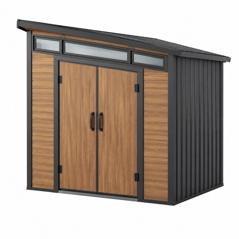 Abri de jardin 203 x 122 x 190 cm en acier noir effet bois rangement extérieur moderne