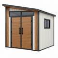 Abri de jardin 300 x 240 x 230 cm en acier beige avec portes aspect bois et toit incliné contemporain