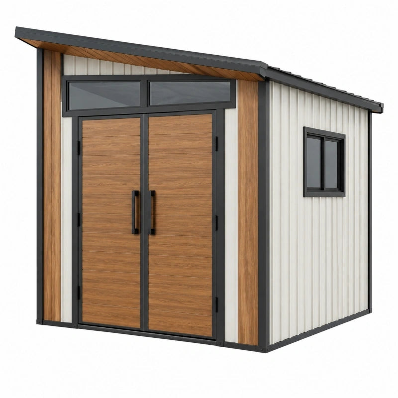 Abri de jardin 300 x 240 x 230 cm en acier beige avec portes aspect bois et toit incliné contemporain