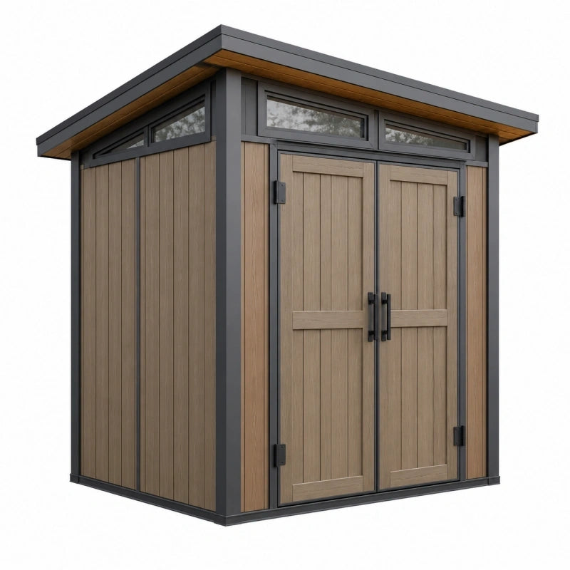 Abri de jardin 180 x 120 x 210 cm en panneaux aspect bois brun et structure métallique anthracite à double porte