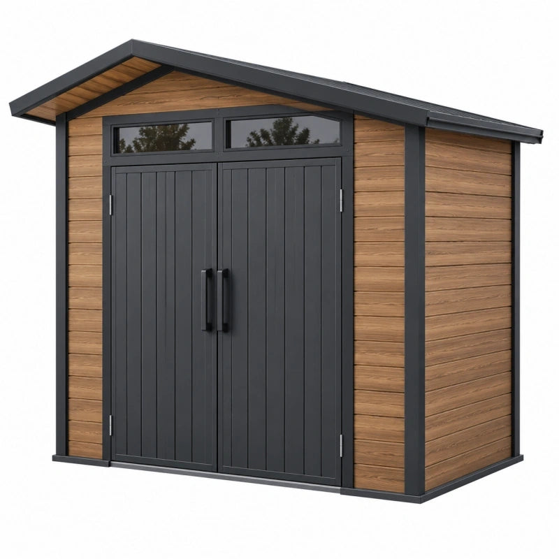 Abri de jardin 200 x 150 x 210 cm en métal anthracite effet bois avec double porte