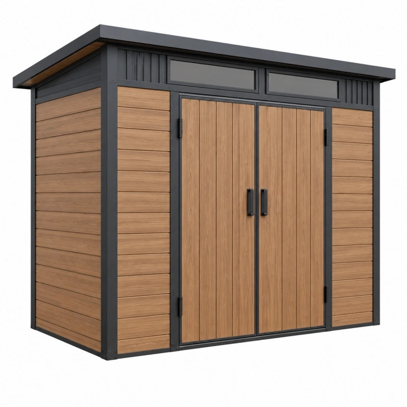 Abri de jardin 180 x 120 x 210 cm en composite effet bois marron et métal noir avec double porte