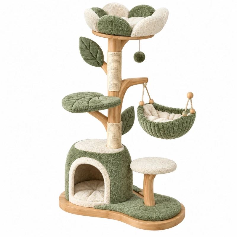 Arbre à chat 60 x 50 x 145 cm en bois vert et crème avec griffoirs hamac et niches