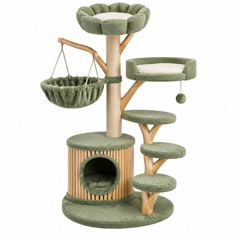 Arbre à chat 60 x 60 x 140 cm vert en bois avec griffoirs et plateformes