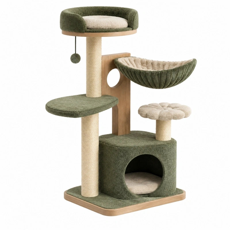 Arbre à chat 60 x 50 x 135 cm vert et beige en sisal avec niches plateformes hamac et griffoirs