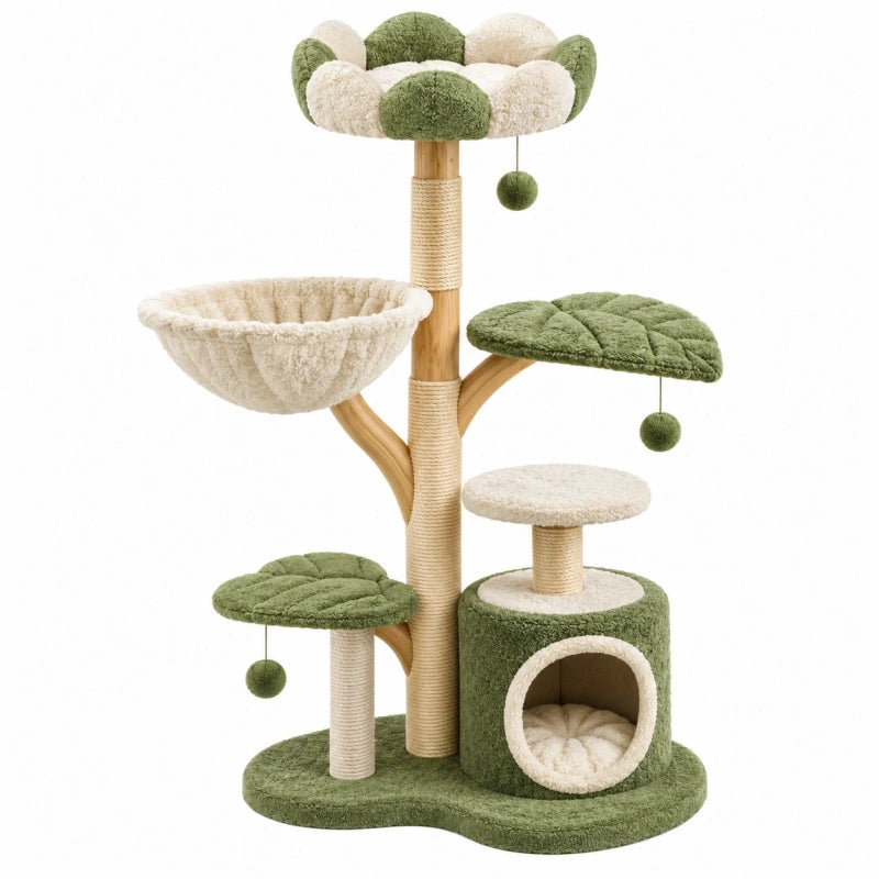 Arbre à chat 60 x 50 x 135 cm en bois sisal vert et crème avec niche hamac et plateformes