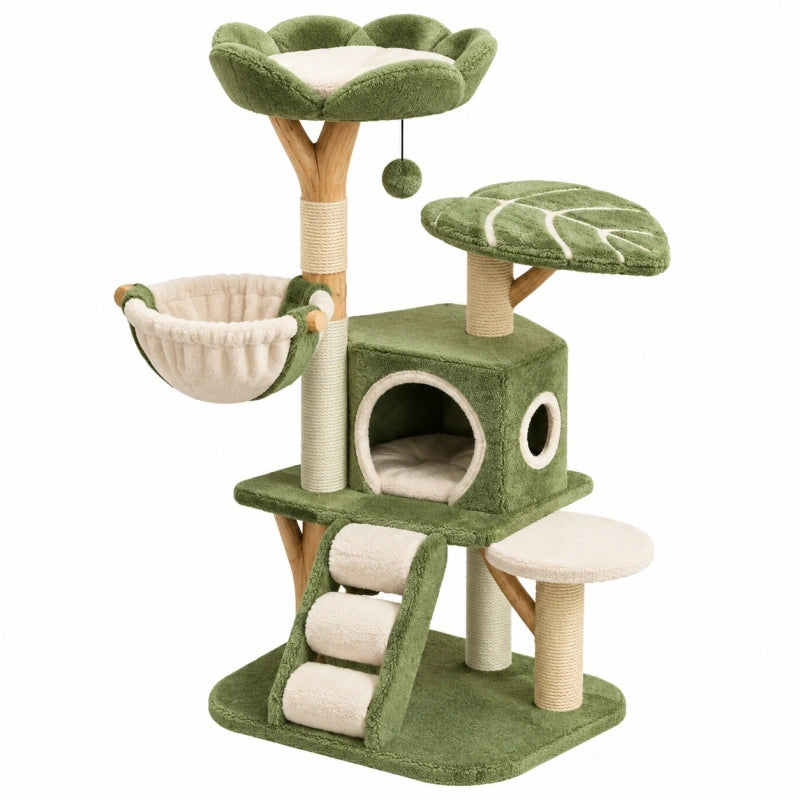 Arbre à chat 60 x 50 x 120 cm en peluche vert et beige avec griffoirs et niche