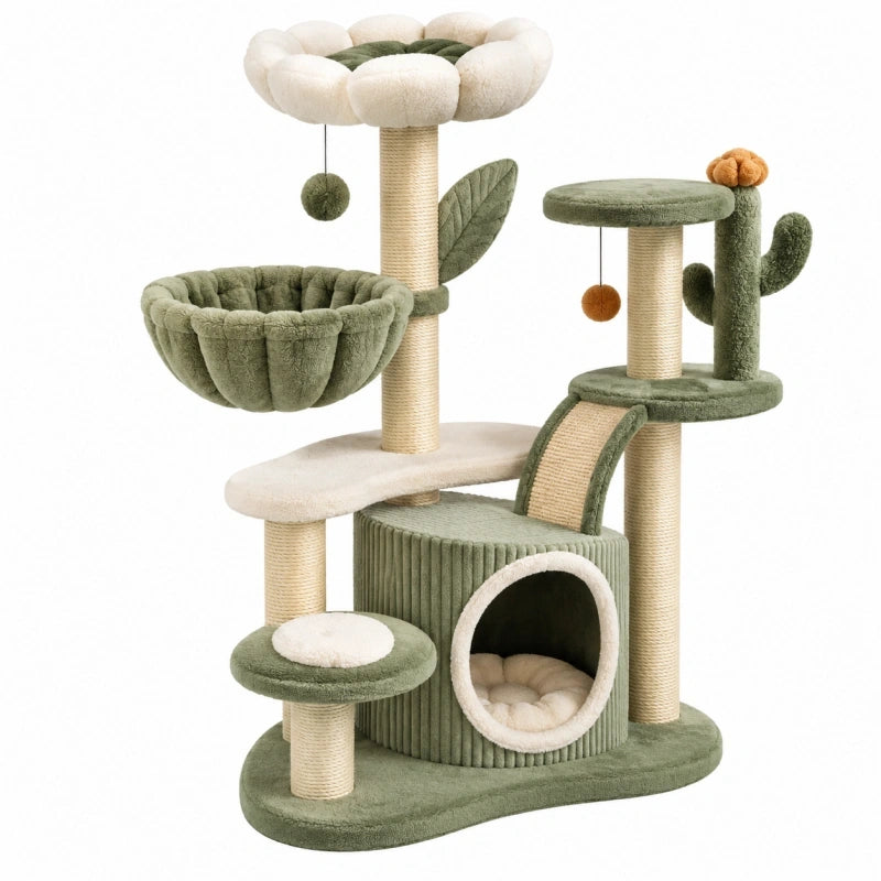 Arbre à chat 60 x 50 x 145 cm vert et crème en peluche avec griffoirs en sisal