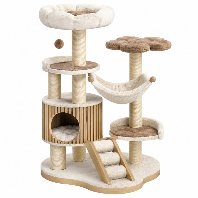 Arbre à chat 60 x 60 x 140 cm beige et marron en bois avec poteaux à griffer et hamac