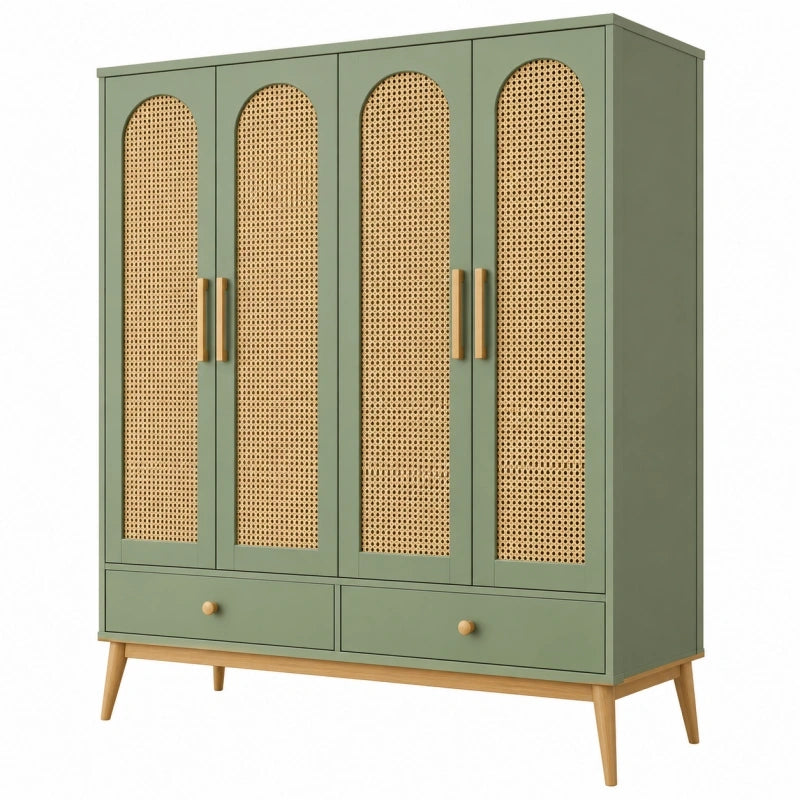 Armoire 120 x 50 x 190 cm vert sauge en bois et cannage avec 4 portes et 2 tiroirs