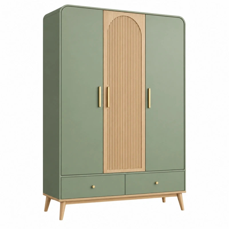 Armoire de rangement 120 x 55 x 190 cm vert sauge et bois style scandinave à 3 portes