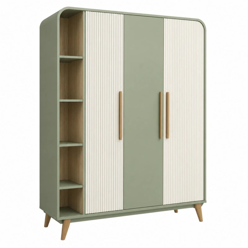 Armoire de rangement 120 x 50 x 190 cm vert sauge et blanc panneaux effet bois portes texturées style scandinave