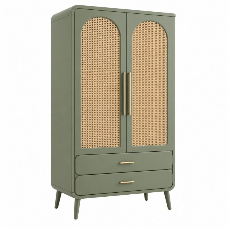 Armoire de rangement 90 x 45 x 160 cm en bois vert avec cannage style vintage