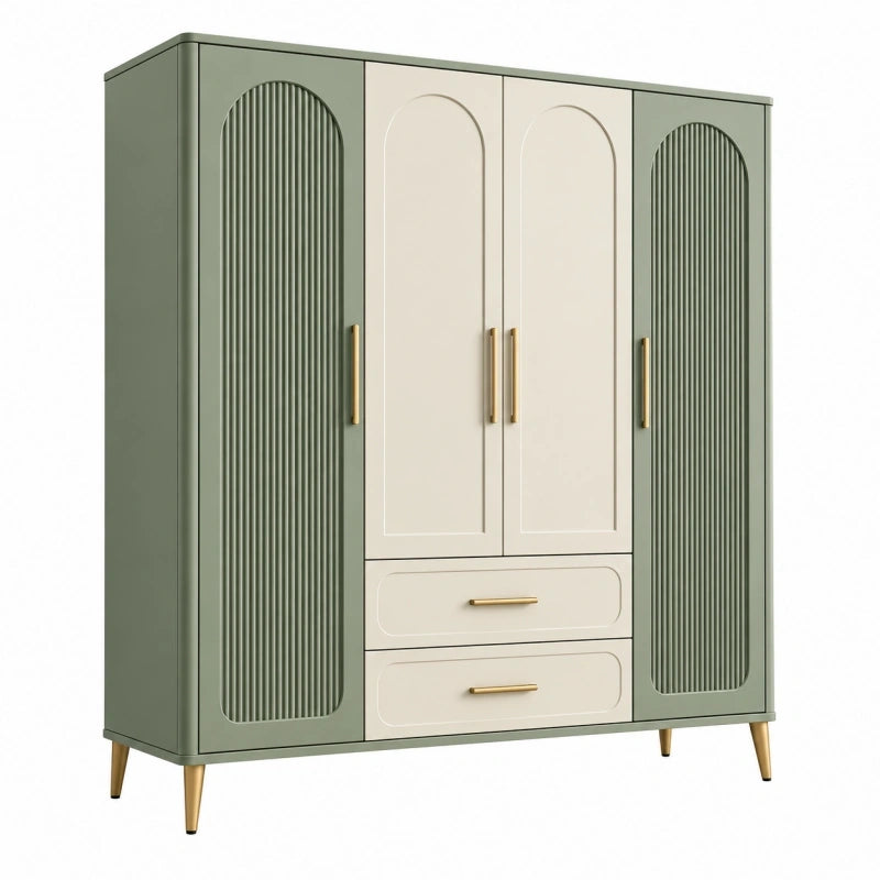 Armoire 160 x 55 x 200 cm vert sauge et beige en panneaux de bois avec 4 portes et 2 tiroirs style contemporain