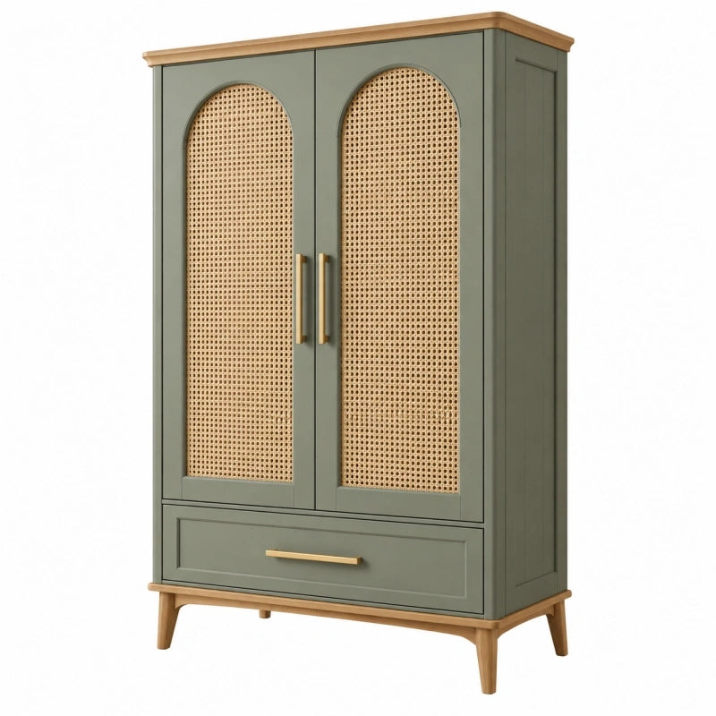 Armoire 100 x 50 x 180 cm en bois vert olive avec cannage naturel style vintage