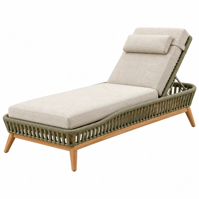 Chaise longue de jardin 200 x 75 cm en bois et corde tressée beige vert style contemporain inclinable