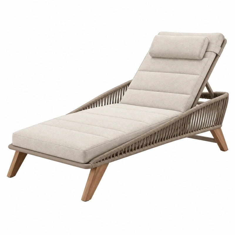 Chaise longue de jardin 200 x 75 x 85 cm en bois et corde beige dossier inclinable