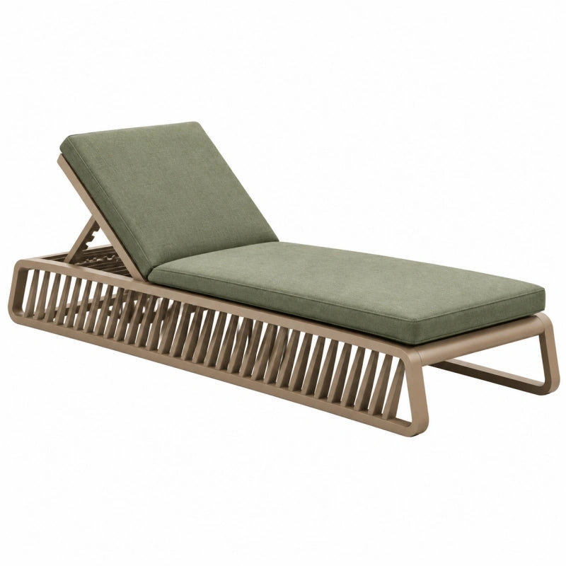 Chaise longue de jardin 200 x 70 cm en métal taupe avec coussin vert dossier réglable