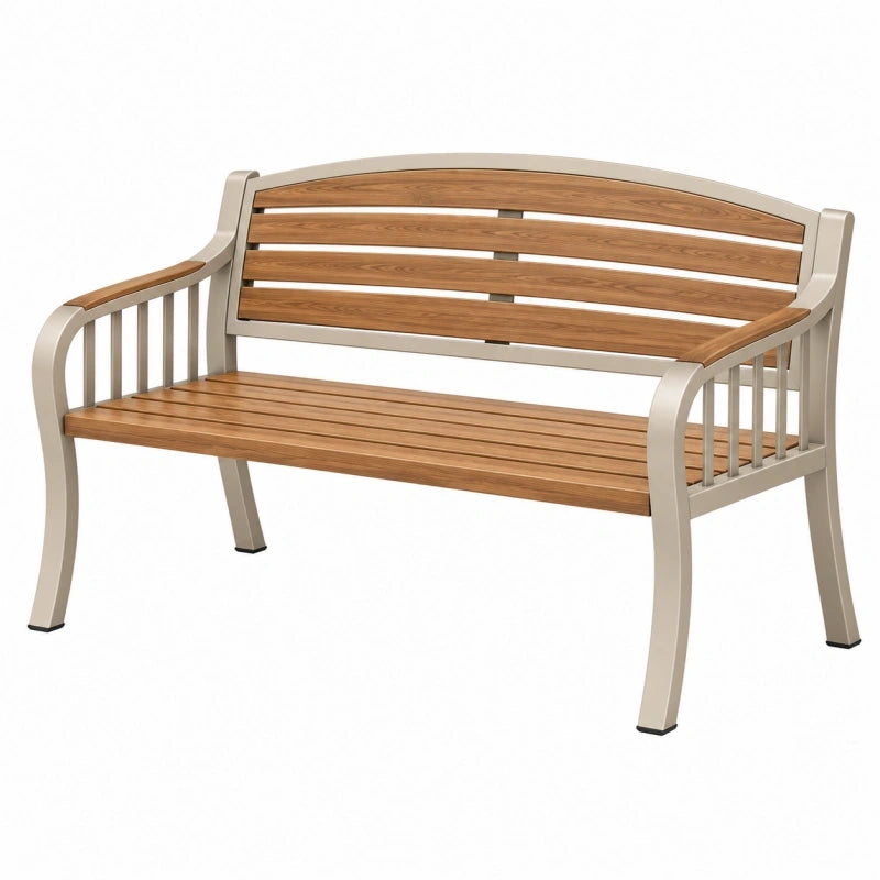 Banc de jardin 120 cm en métal et bois beige/marron avec accoudoirs