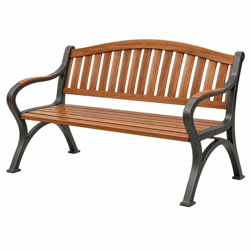 Banc de jardin 150 cm en bois et métal marron noir à dossier incurvé