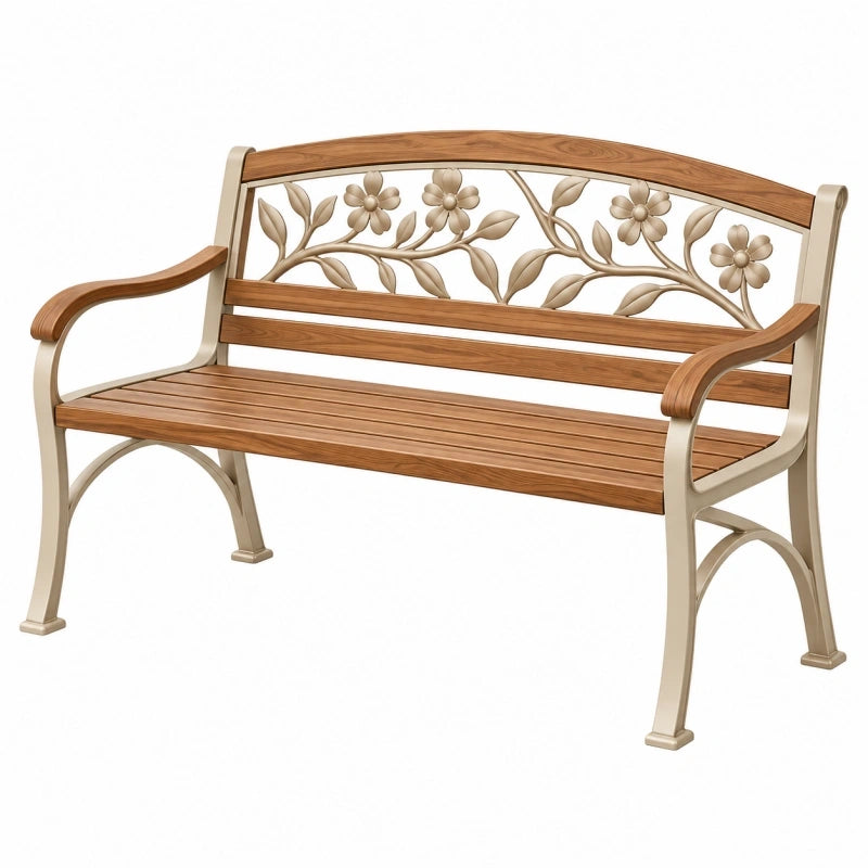 Banc de jardin 125 x 60 x 90 cm en métal et bois marron beige décor floral