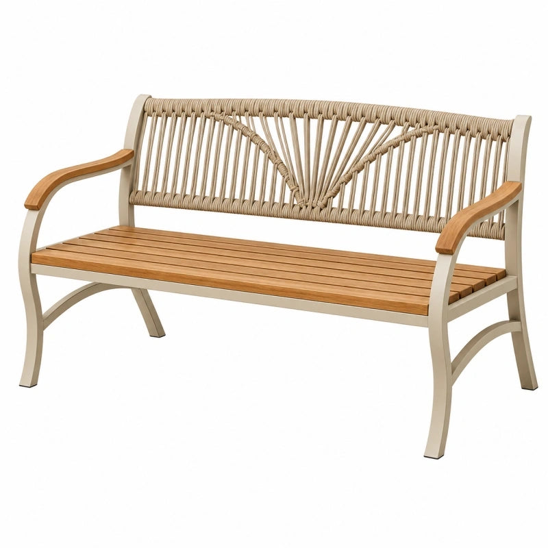 Banc de jardin 120 cm métal beige bois naturel et corde tressée style contemporain