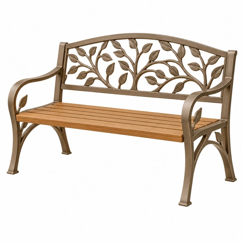 Banc de jardin 122 x 63 x 91 cm en métal brun avec assise en bois style végétal