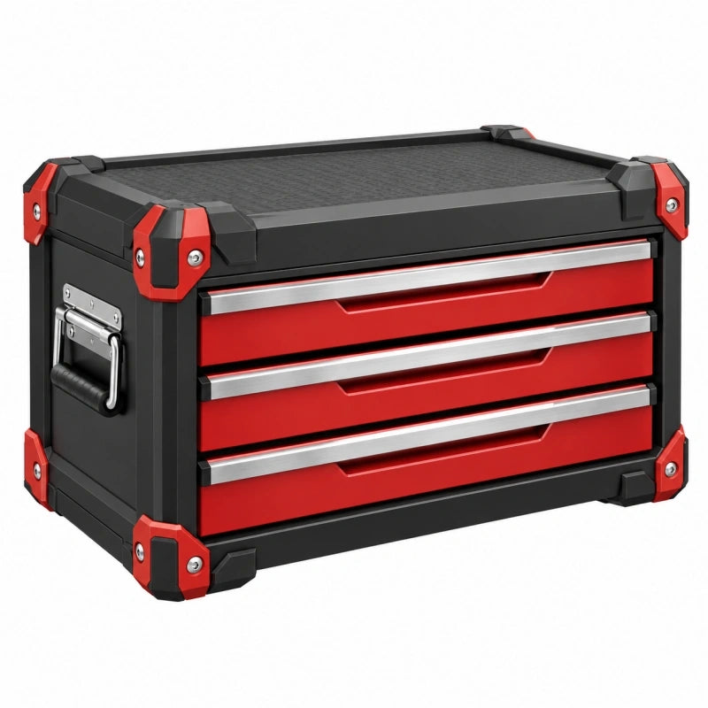 Caisse à outils 60 x 35 x 35 cm en métal noir et rouge à 3 tiroirs style industriel