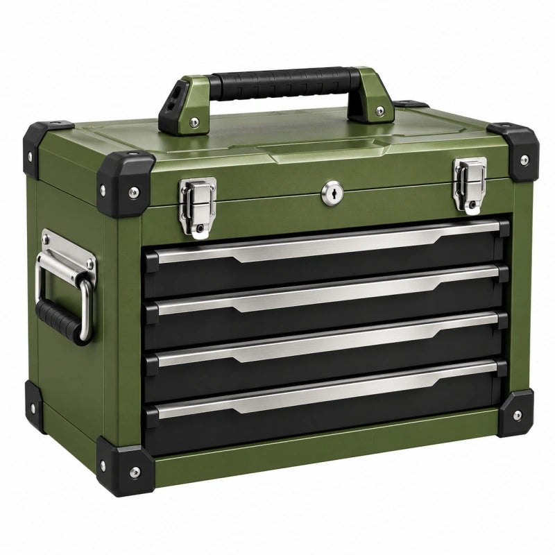 Coffre à outils 45 x 30 x 35 cm en acier vert avec 4 tiroirs verrouillable portable