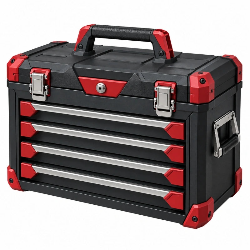 Caisse à outils à tiroirs 51 x 28 x 37 cm en plastique noir et rouge avec poignée de transport