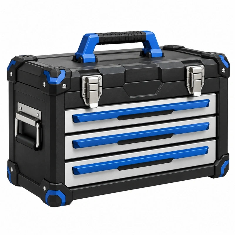 Boîte à outils 60 x 30 x 35 cm en plastique noir bleu à 3 tiroirs portable